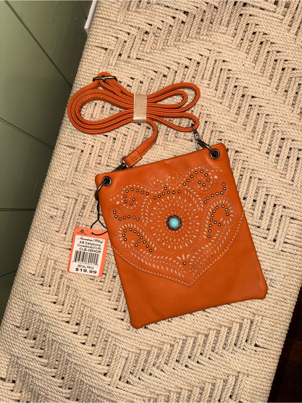 Women's Orange Crossbody Bag with Turquoise Accent — Casual Studded Design